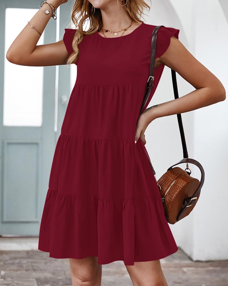 KIRUNDO Wedding Guest Dresses for Women Short Summer Sleeveless Ruffle Sleeve Round Neck Loose Short Flowy Pleated Tiered Mini Dress(Wine Red, Small) - Image 4